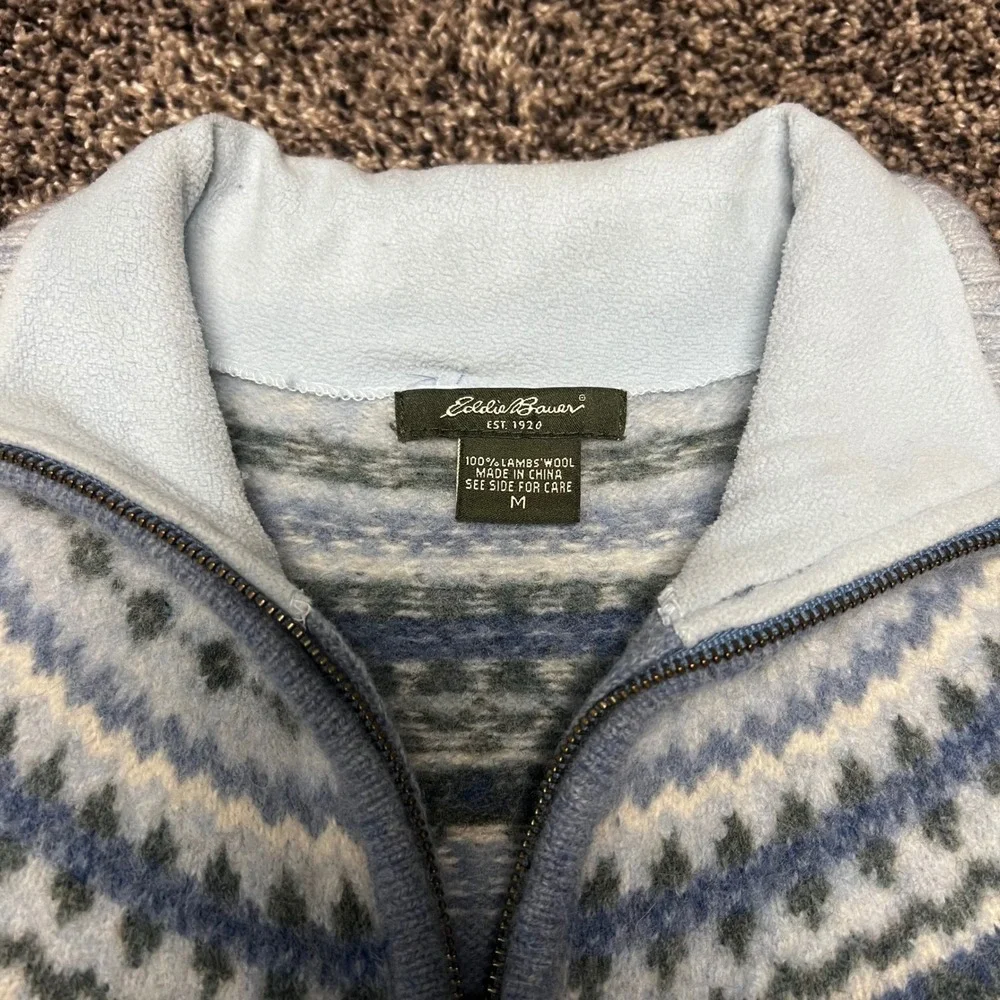 Eddie Bauer 100% Lambswool Fair Isle Nordic Zip Cardigan Sweater M Vintage‎